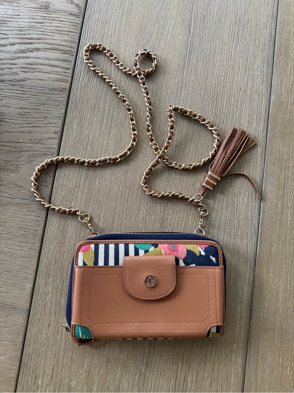 Spartina 449 Tan Leather & Multicolor Floral Stripe Crossbody Wallet